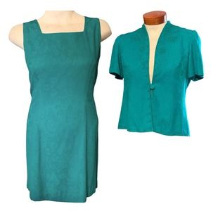 Karin Stevens Dress Sleeveless Sheath Jacket Aqua Blue Knee Length Sz 14 Vintage